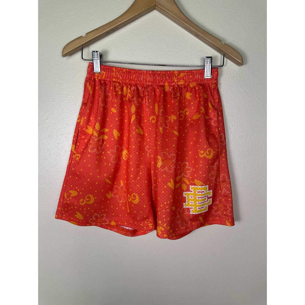 ERIC EMANUEL Mens Medium Streetwear Sporty Orange Paisley Floral Mesh Shorts